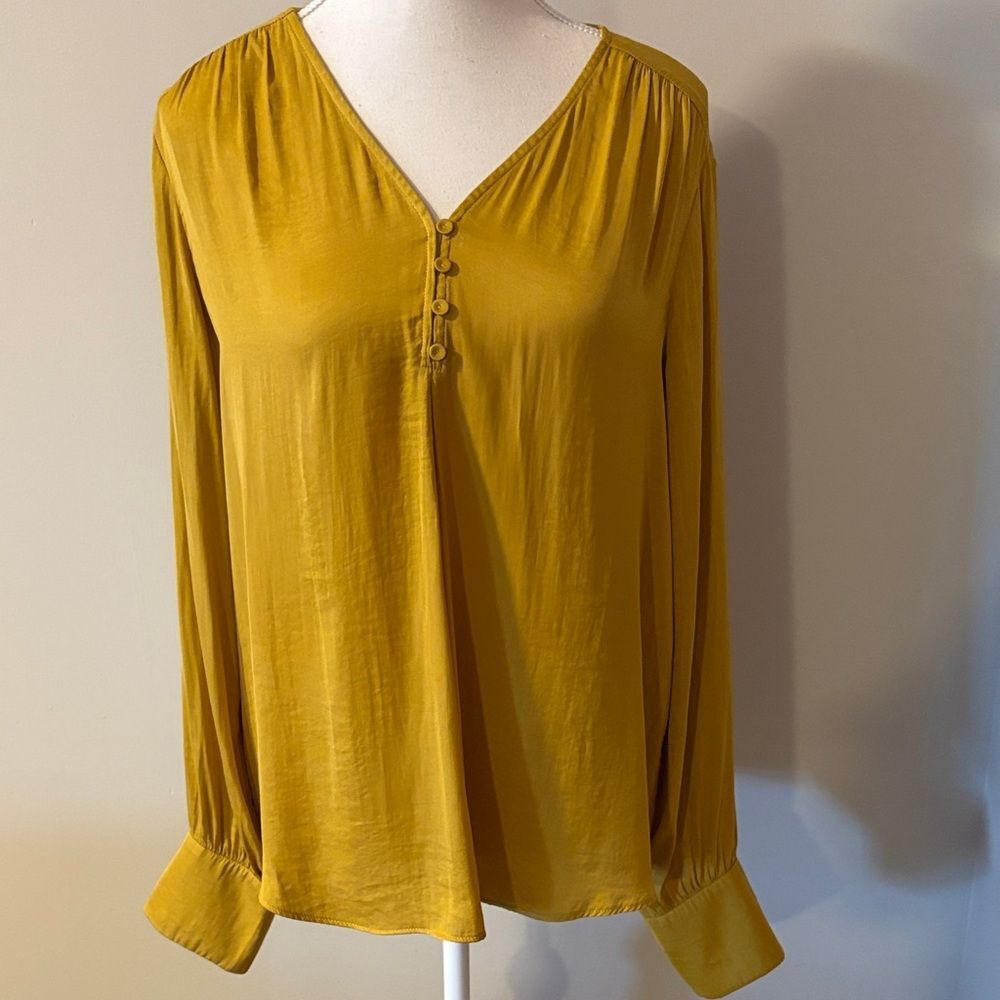 Maison d’ Amelie Paris Mustard Yellow Silky  Long Sleeve Blouse. Size Medium